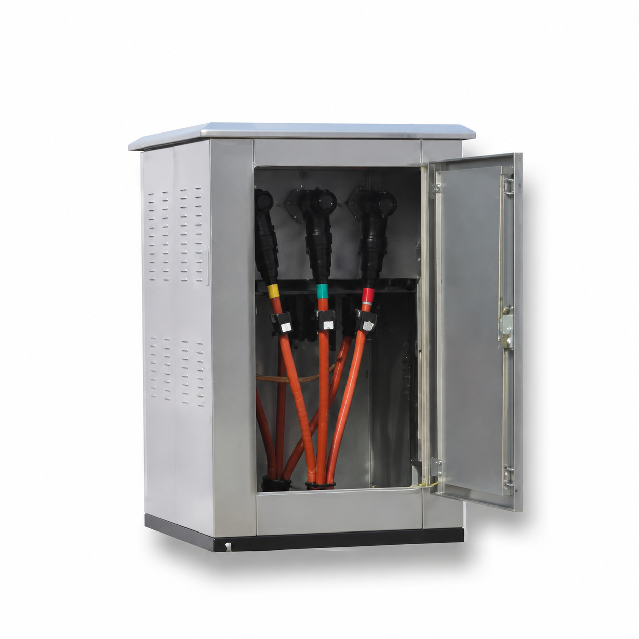 Kotak cabang kabel tipe Eropa / kotak percabangan kabel — konektor depan tipe sentuh-aman, konektor belakang tipe terlindung (shielded), konfigurasi satu masuk–tiga keluar, 20 kV